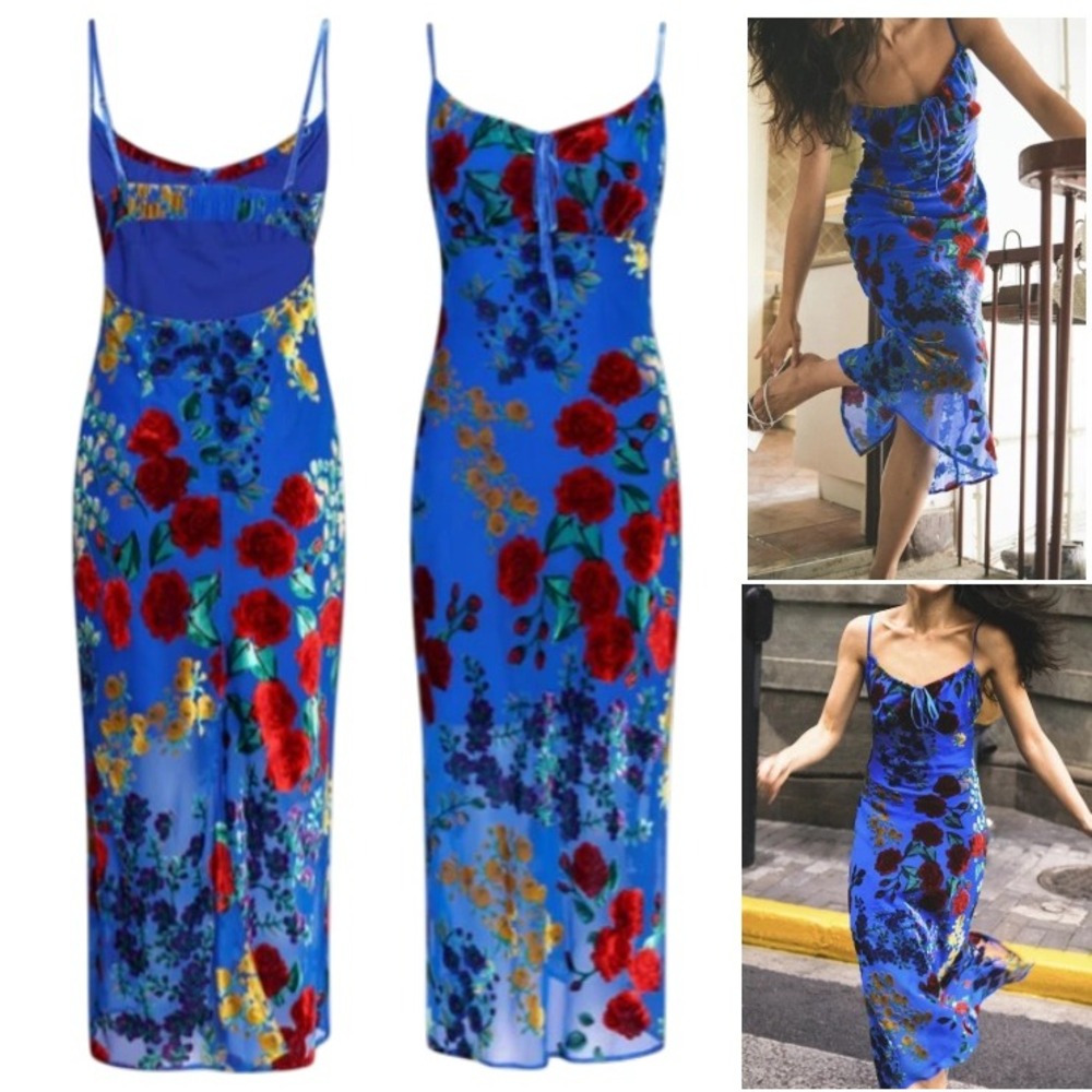 Commense Blue Floral Midi Dress with Red & Yellow Accents